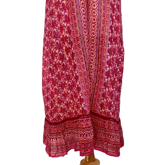 Vintage Metallic Sheer Chiffon Pink Floral Boho Button Up Maxi Kaftan Dress OS - Picture 4 of 12